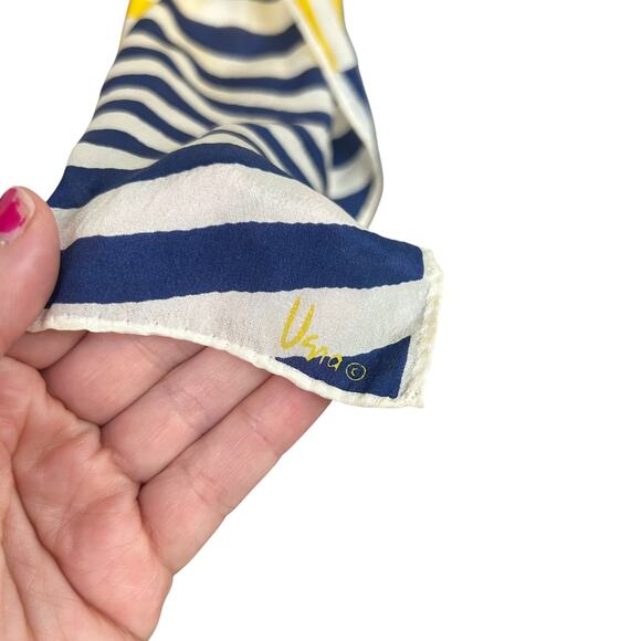 Retro Chic Geometric Stripe Silk Scarf Vena Yellow‎ Navy White Modern Vintage - Picture 4 of 4